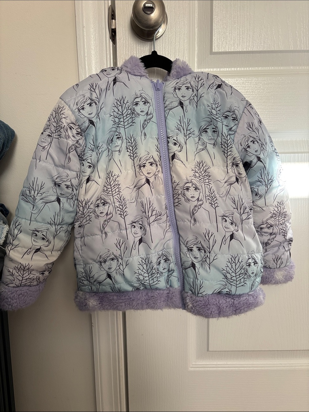 Disney Lavender and Light Blue Puffer Jacket with Faux Fur Trim